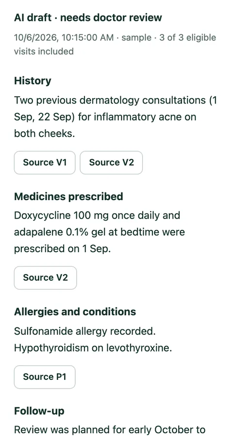 AI draft summary of a patient's previous visits with source references.