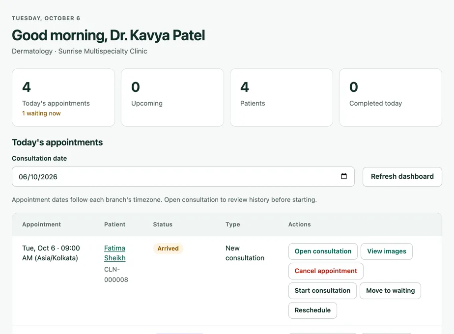 Cliniqo doctor dashboard showing today's appointments for the signed-in doctor.